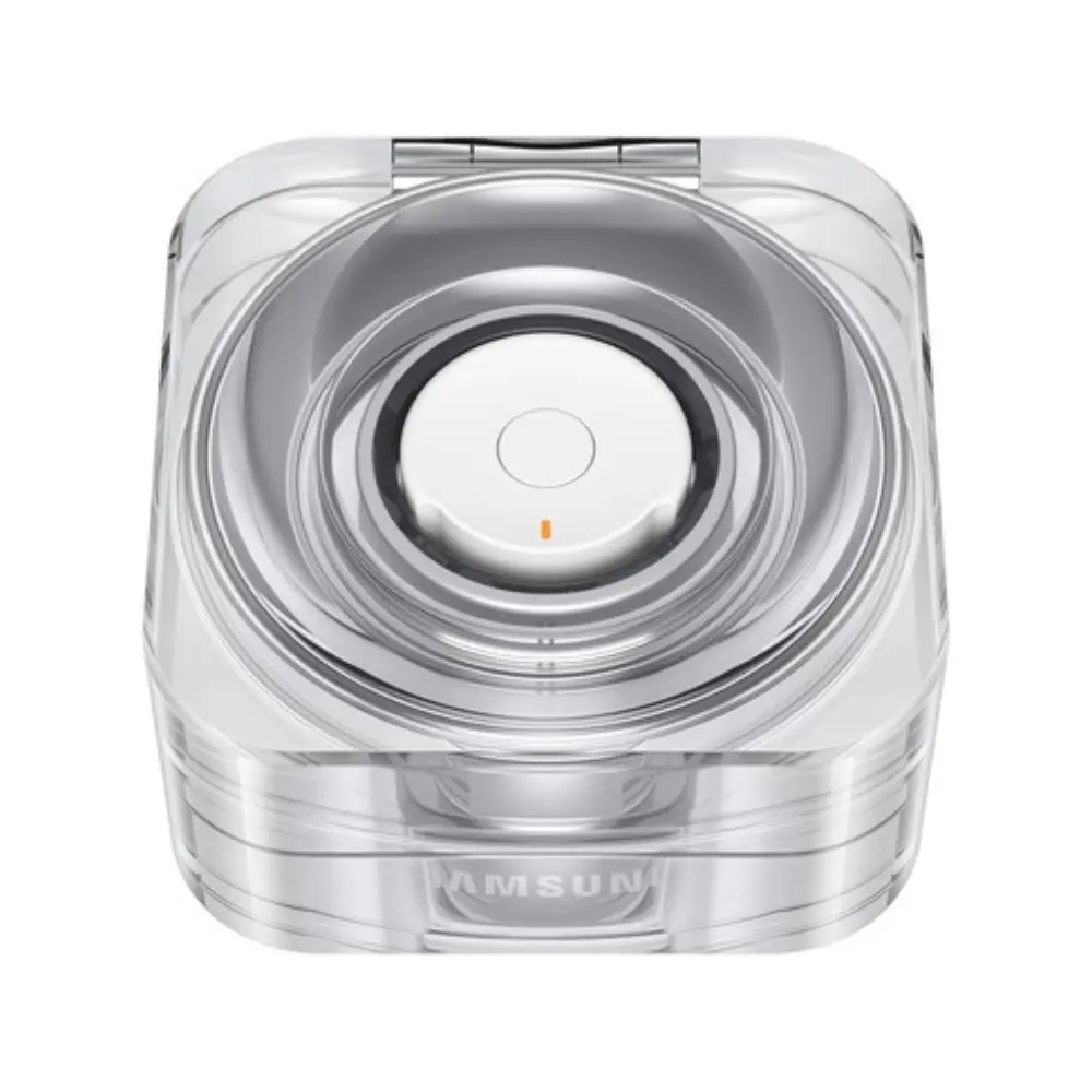 Titanium silver smart ring in clear charging case with circular white sensor center