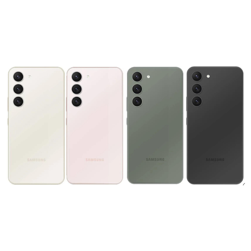 Set of Galaxy S23+ phones: cream, pink, green, and black backs with triple cameras