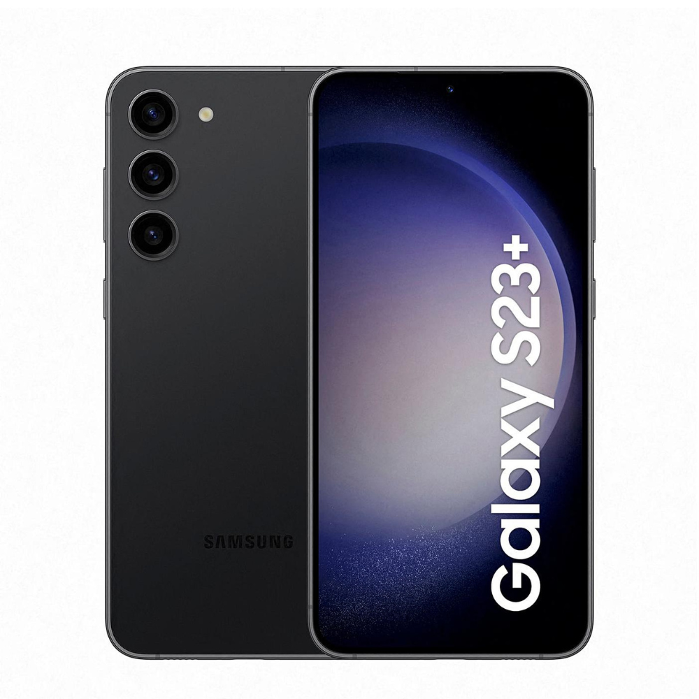 Galaxy S23+ smartphone in black with front display and triple rear cameras