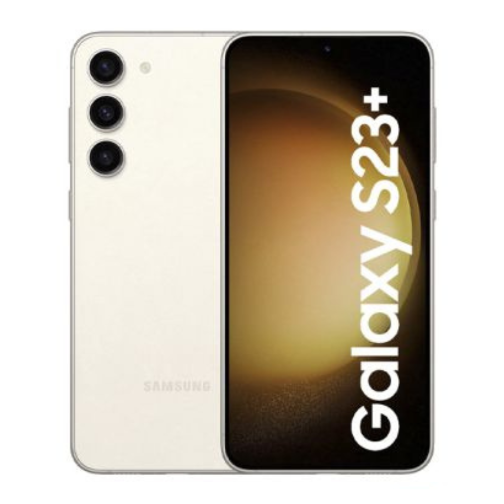 Galaxy S23+ smartphone in cream with front display and triple rear cameras