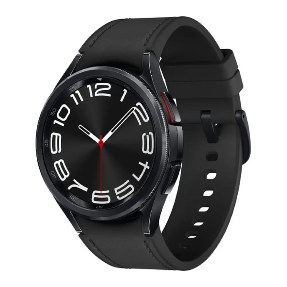 Black Samsung Galaxy Watch6 Classic 43 mm with black leather-look strap, round dial