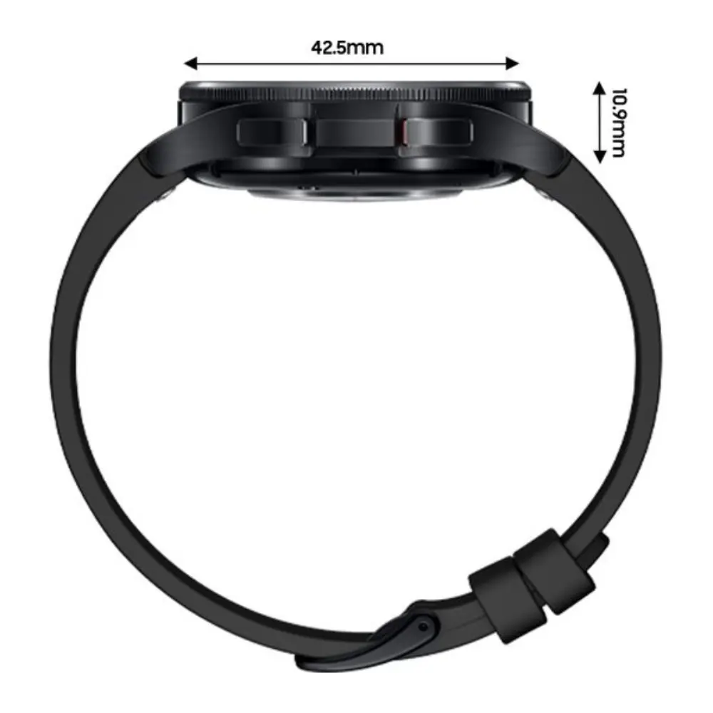Black round Samsung Galaxy Watch6 Classic 43 mm side view with slim bezel and buttons