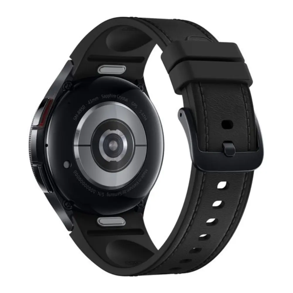 Black Samsung Galaxy Watch6 Classic 43 mm backside view with sensor plate and strap