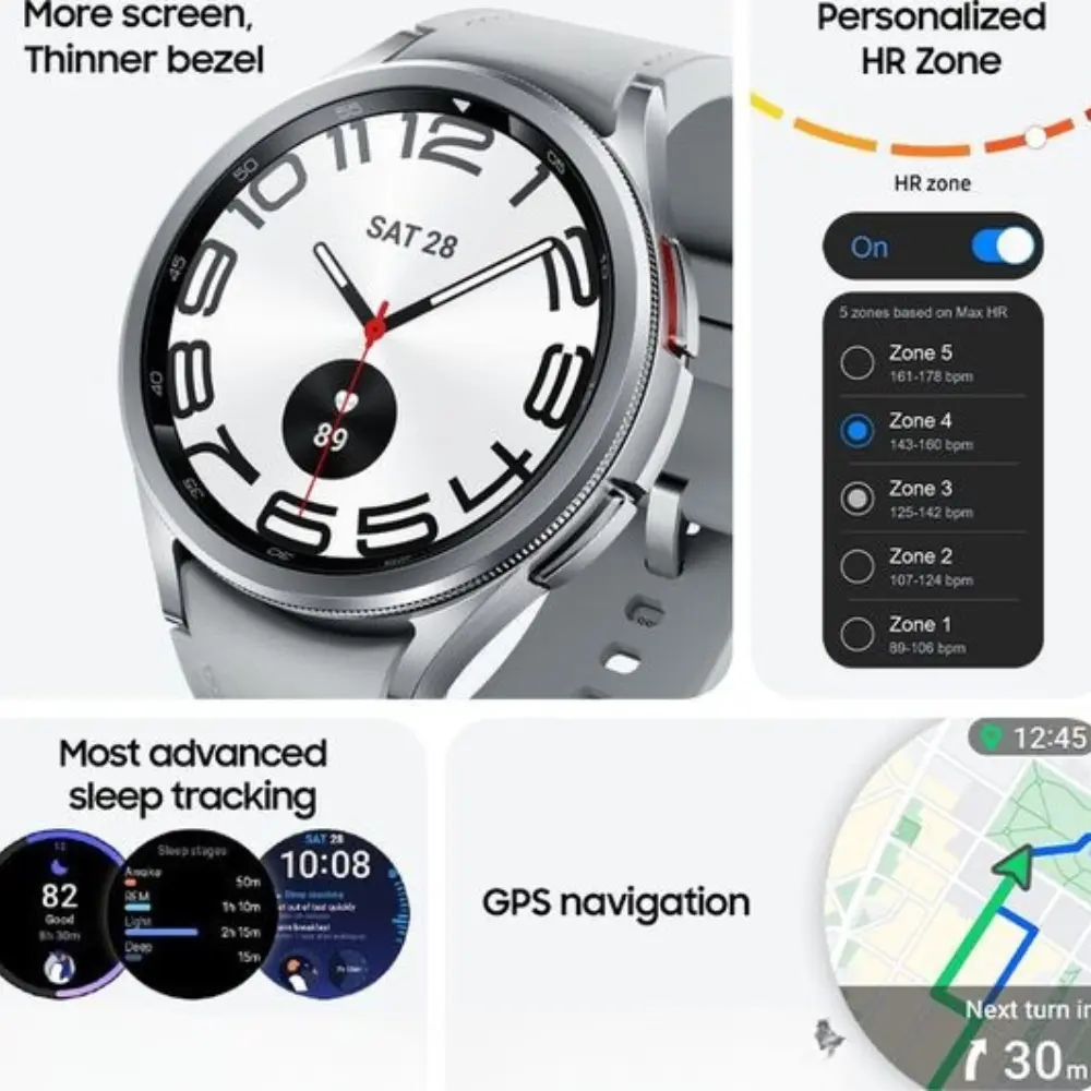 Silver-toned bezel Samsung Galaxy Watch6 Classic with black dial and red minute hand