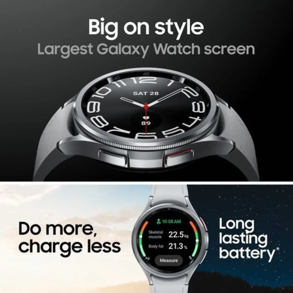 Samsung Galaxy Watch6 Classic with large black watch face, white numerals, red accents