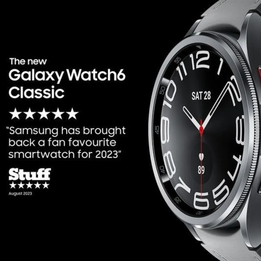 Samsung Galaxy Watch6 Classic 43 mm with black dial, red hands, and silver bezel