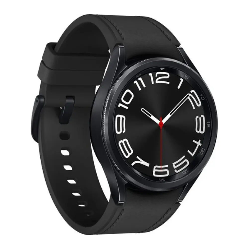 Black Samsung Galaxy Watch6 Classic 43 mm watch with black strap and round black face