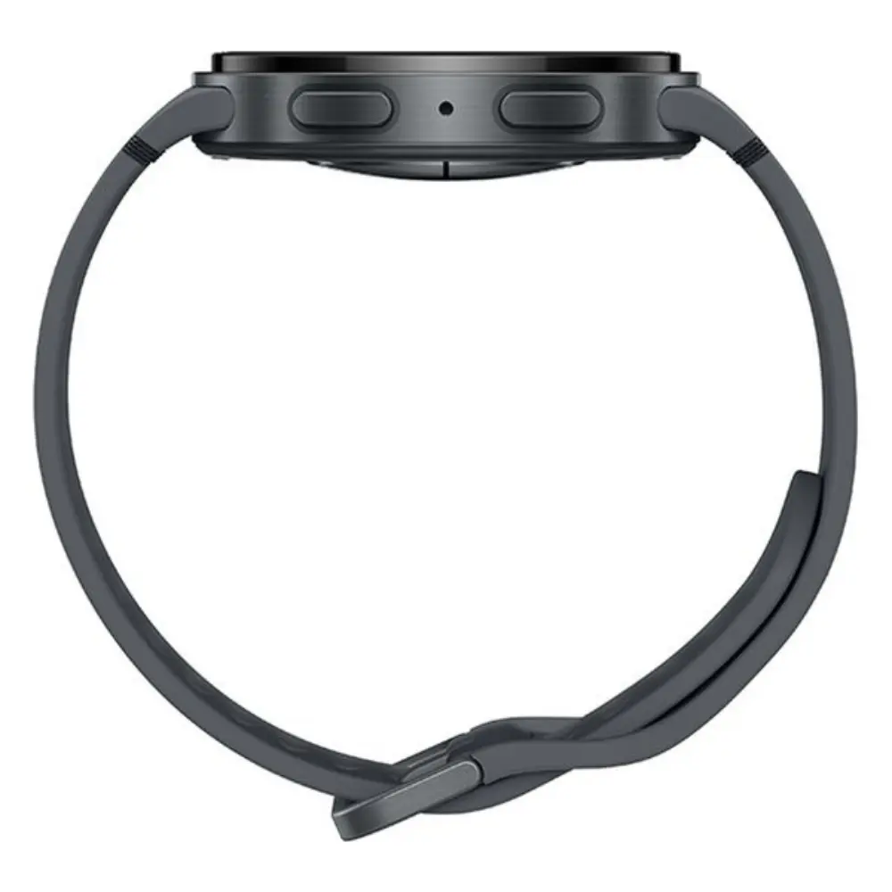 Graphite 44mm smartwatch with black silicone band, top view of buttons and sensors