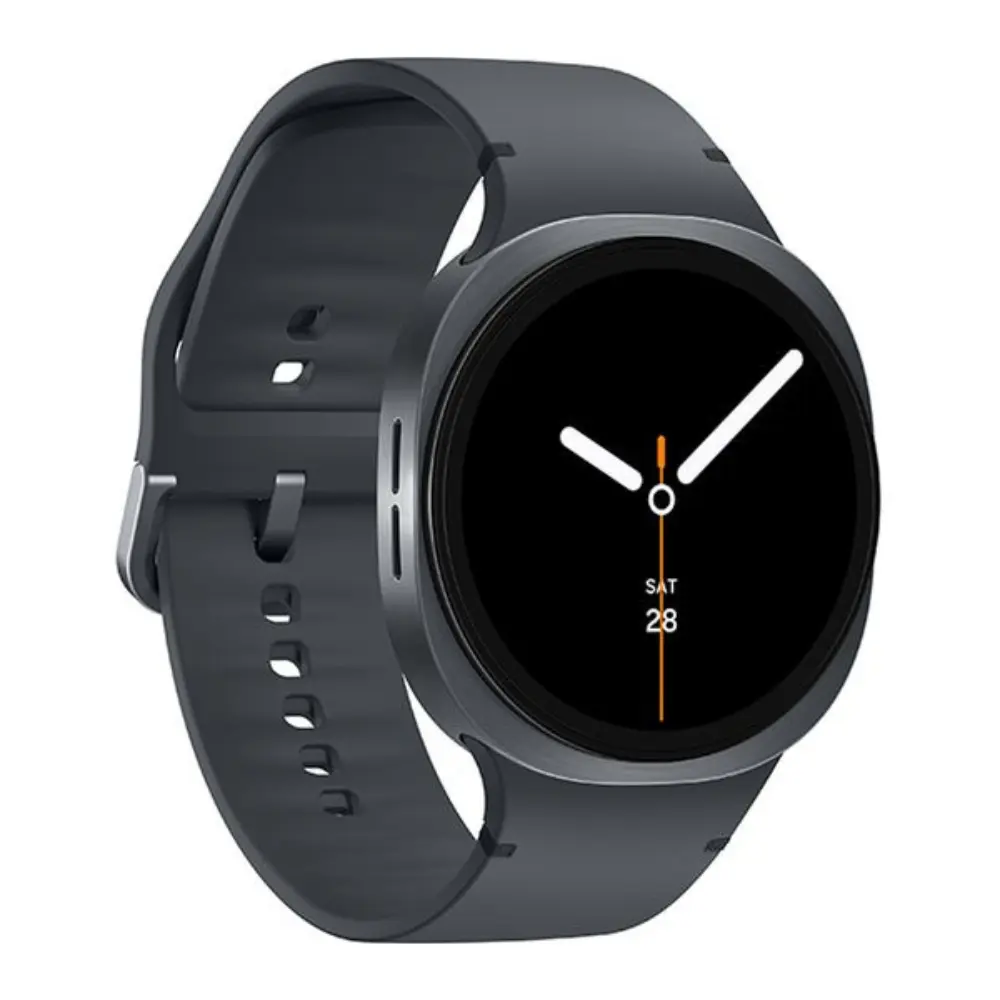 Graphite 44mm smartwatch, black round display with hands, side view with band lugs