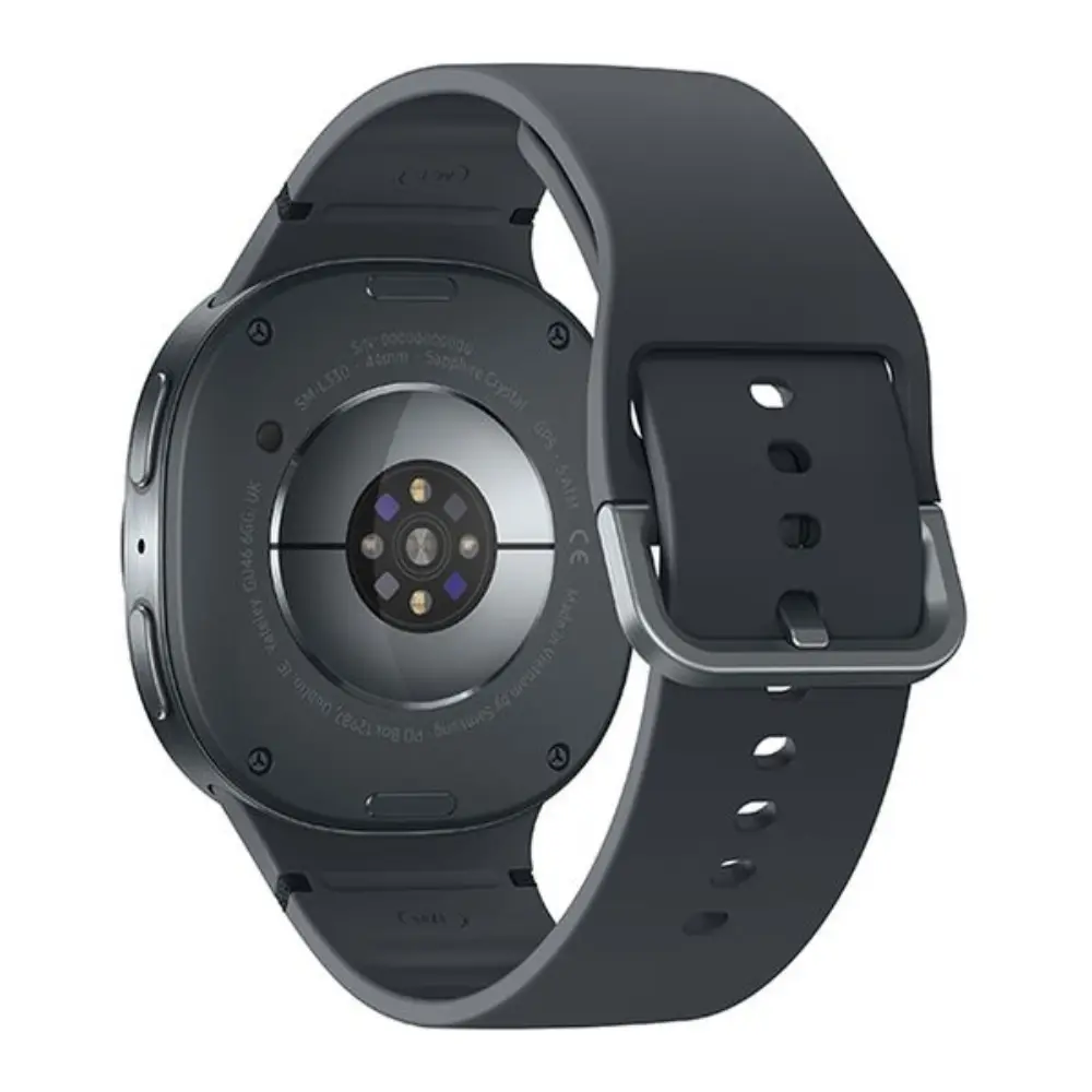 Graphite 44mm smartwatch back with heart-rate sensor array and black silicone strap
