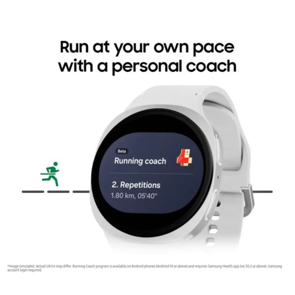 Graphite 44mm smartwatch with white silicone band, active app-style screen on display