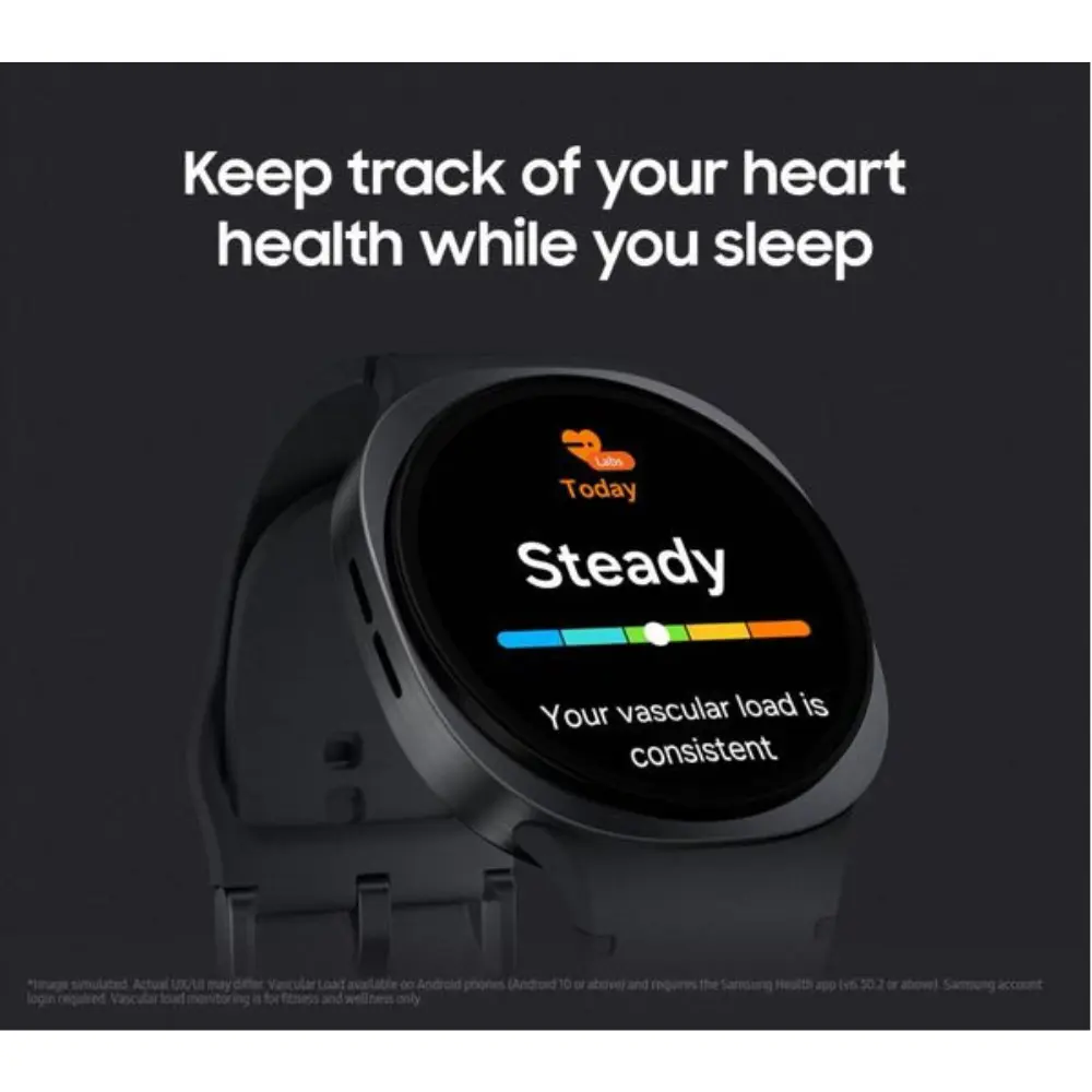 Graphite 44mm smartwatch with black silicone band, sleep tracking chart on screen