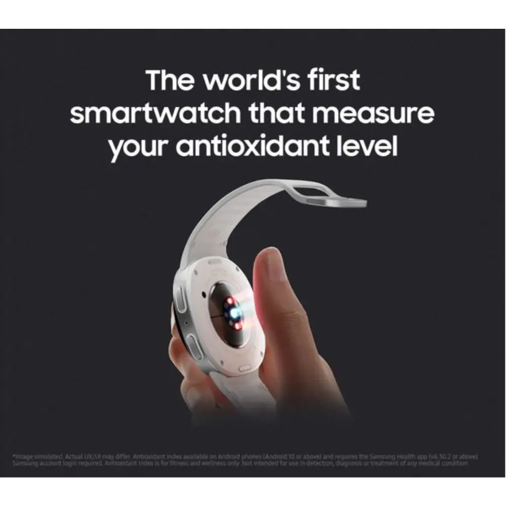 Graphite 44mm smartwatch in white strap, antioxidant level graphic on display