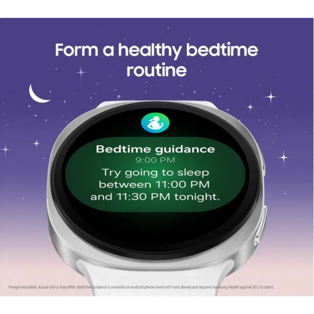 Graphite 44mm smartwatch with green bedtime screen on display, white silicone band