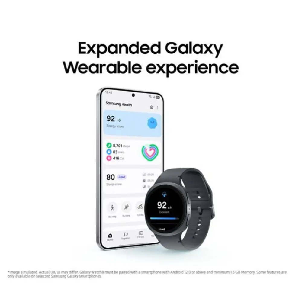 Graphite 44mm smartwatch with black sport band, angled view