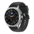 Black 46 mm smart watch with round display, metal bezel, and silicone sport band
