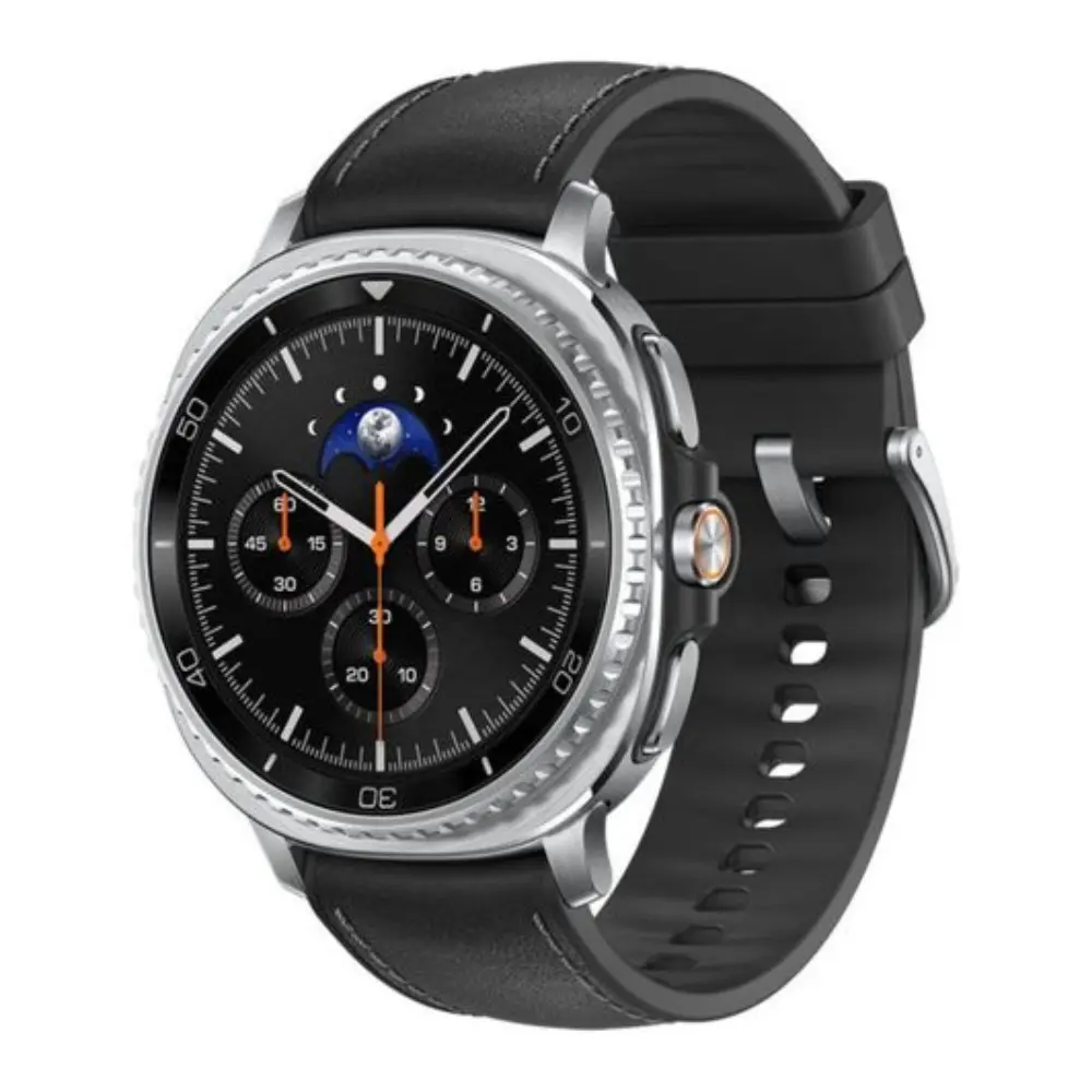Black 46 mm smart watch with round display, metal bezel, and silicone sport band