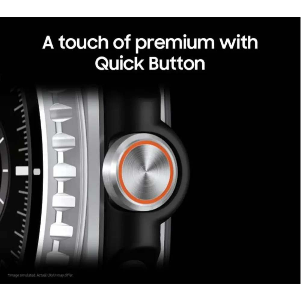 Smart watch side with rotating bezel and orange accent button on metal case