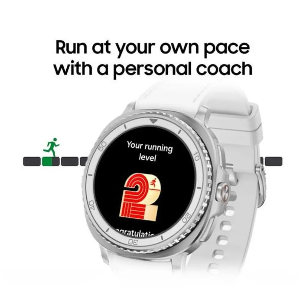 White 46 mm smart watch with round fitness screen and silicone sport band