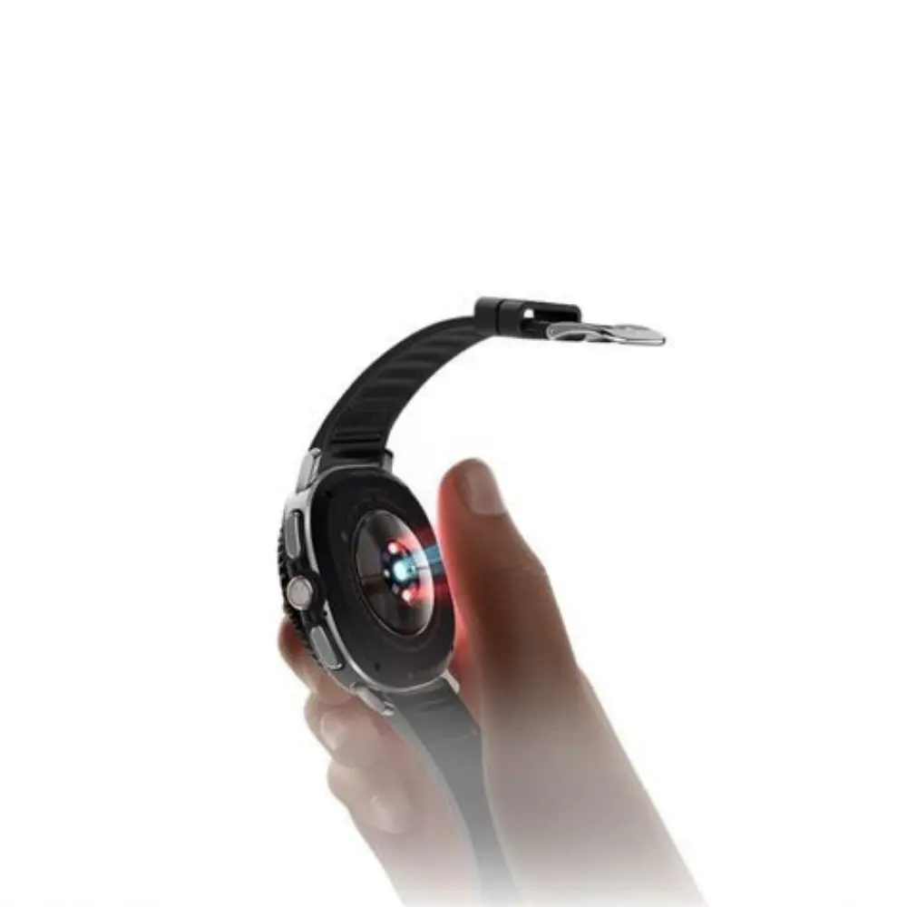 Black smart watch angled view with round display and silicone strap