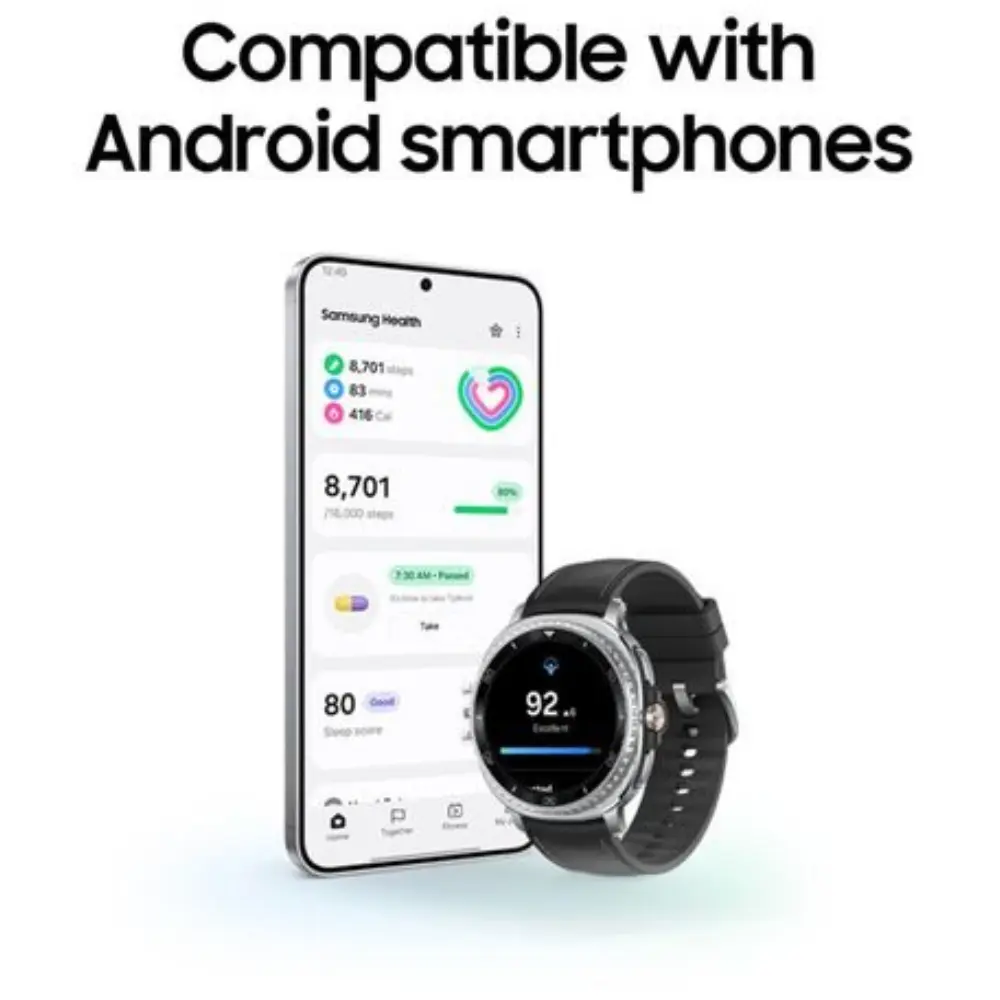 Black 46 mm smart watch with round screen and silicone sport band