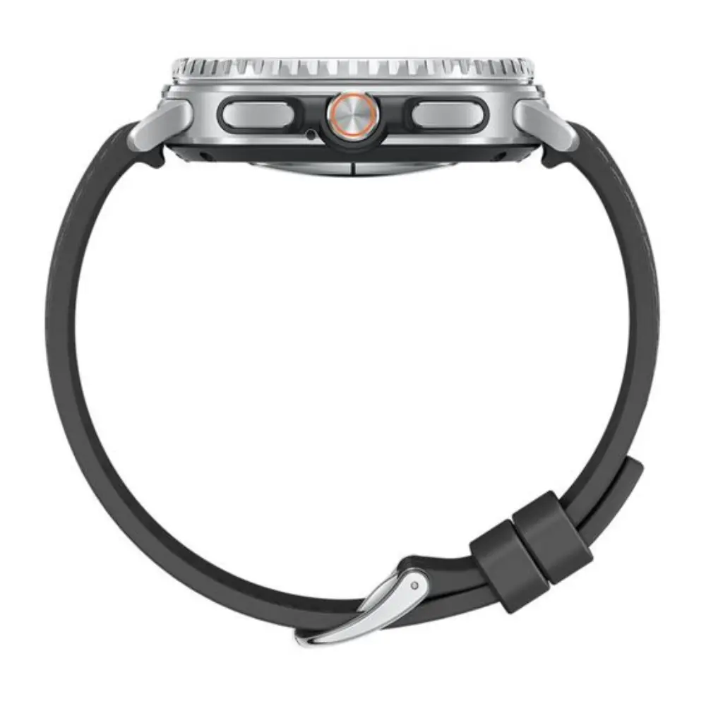 Black smart watch underside with sensors, metal case, and silicone strap
