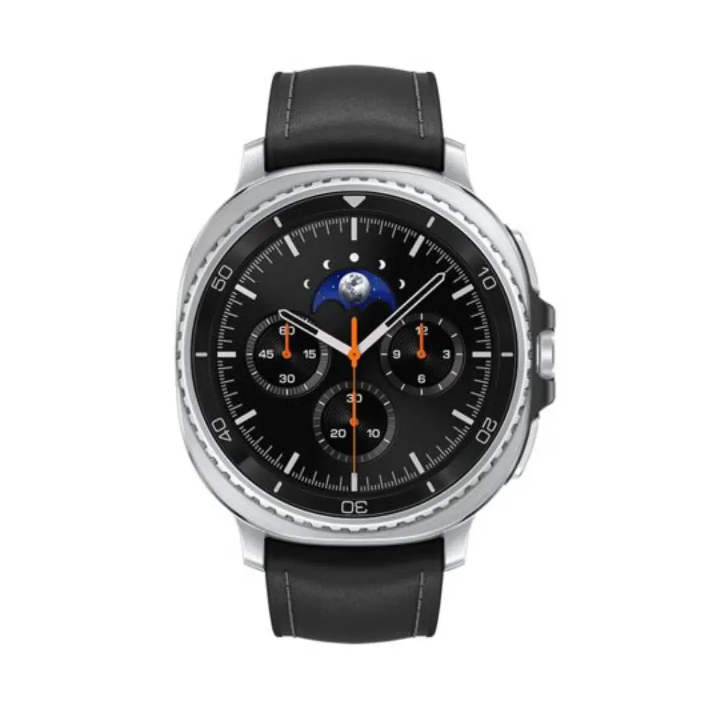 Samsung Galaxy Watch8 Classic 46mm smartwatch with black strap and silver bezel, black dial