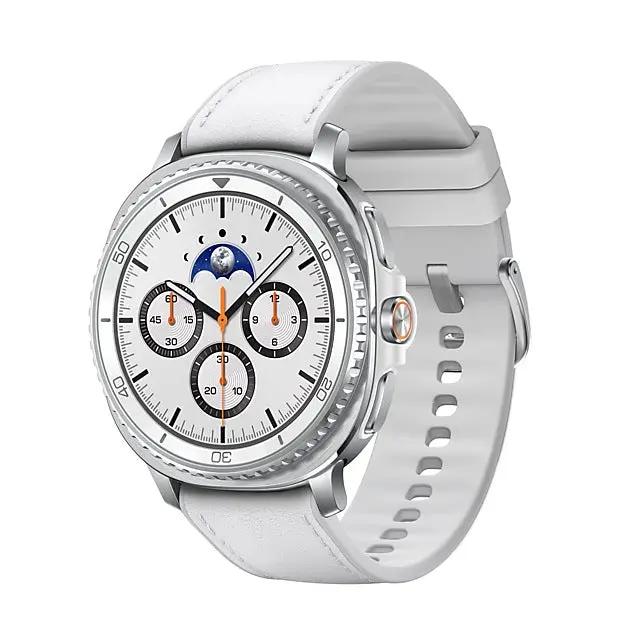 White 46 mm smart watch with round display, metal bezel, and silicone sport band