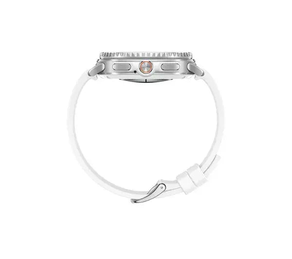 White smart watch underside with sensors, metal case, and silicone strap