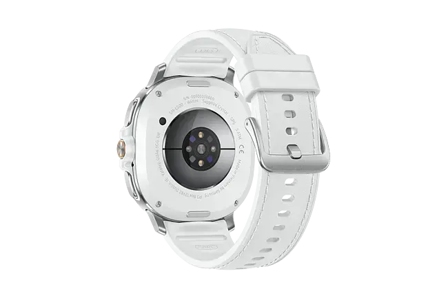 Samsung Galaxy Watch8 Classic 46mm smartwatch with white strap, silver case, dark watch face