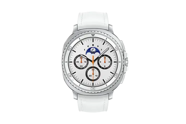 Samsung Galaxy Watch8 Classic 46mm smartwatch with white strap and silver case, white dial