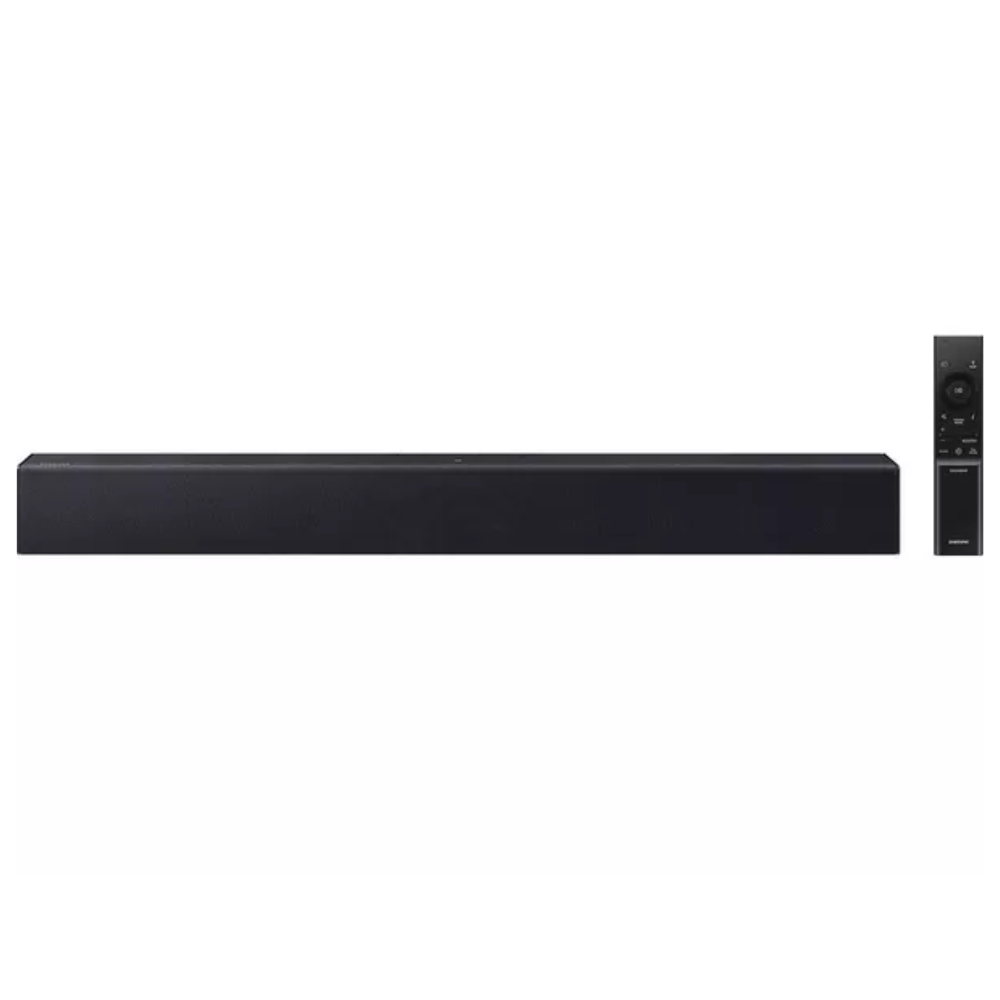 Black sound bar with slim front panel and side control buttons