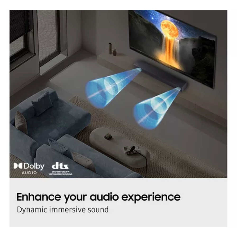 Immersive blue sound waves from a sound bar beneath the TV