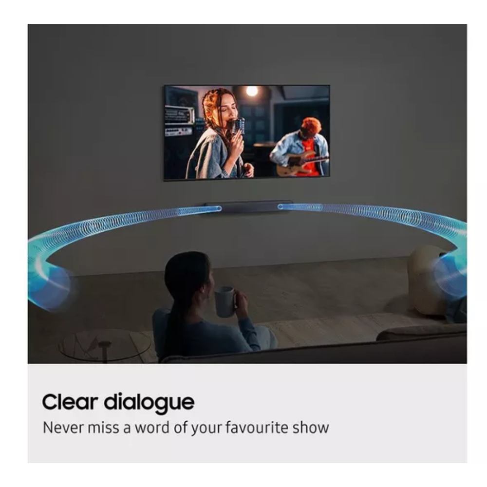 Sound bar with clear-dialogue blue light arcs spreading around the room