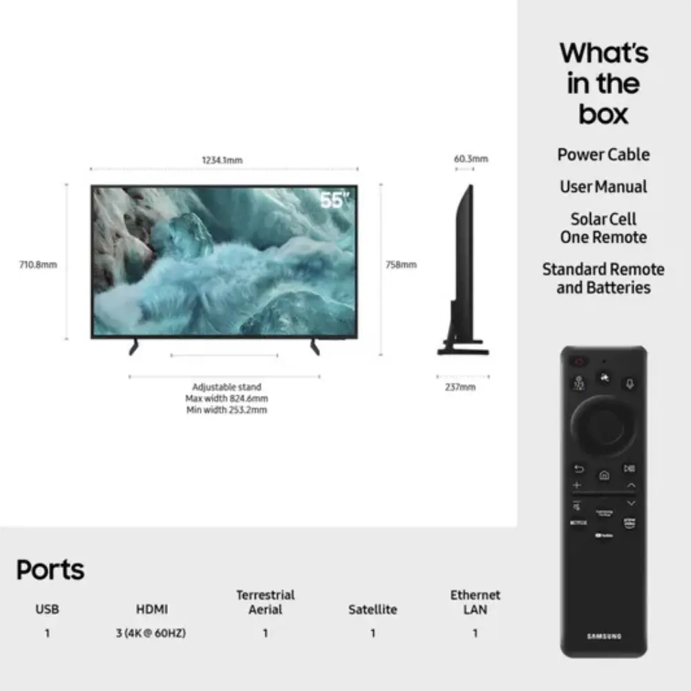 Samsung QLED 4K smart TV with size diagram; remote and port labels shown
