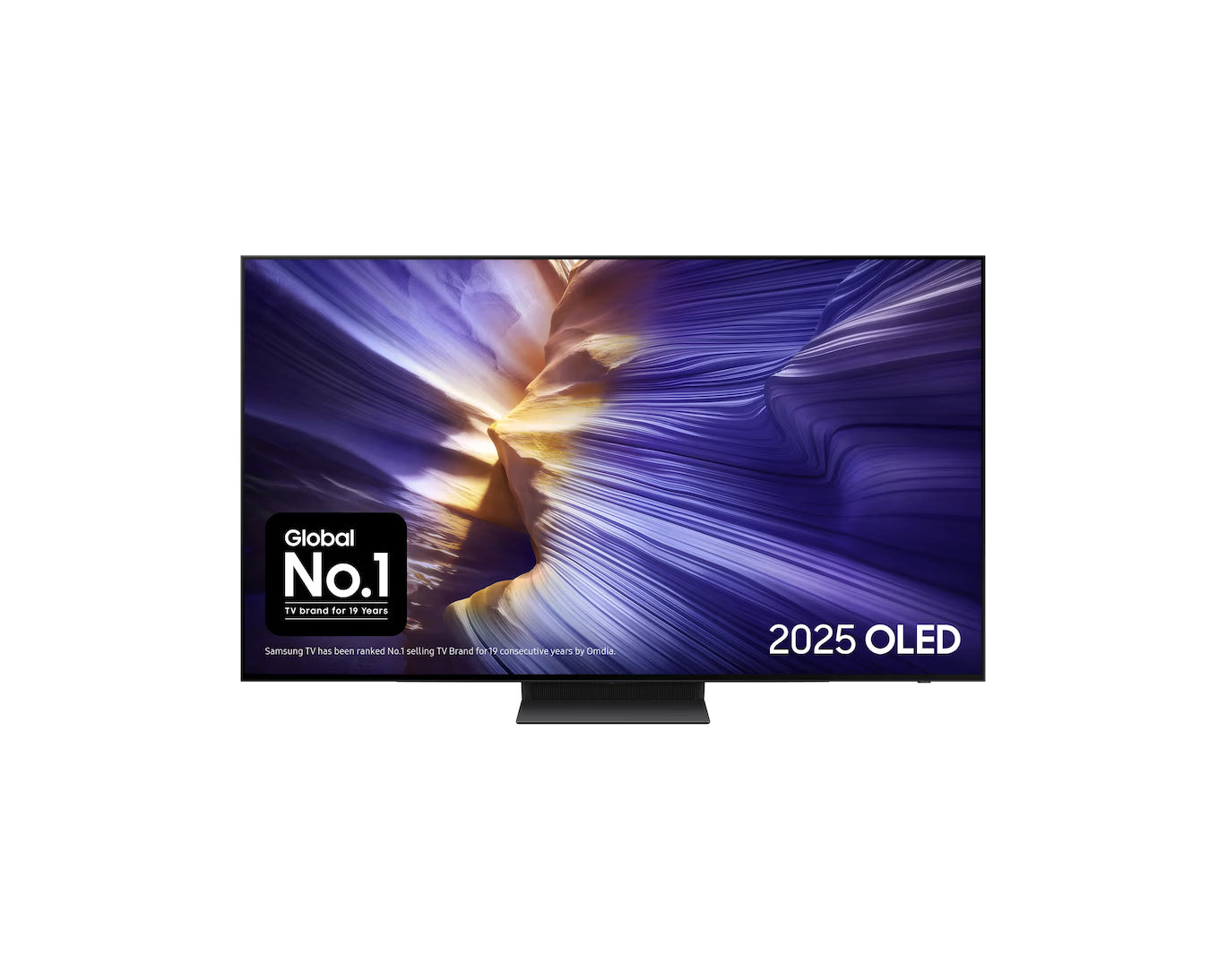 55-inch OLED smart TV with purple abstract screen and central stand