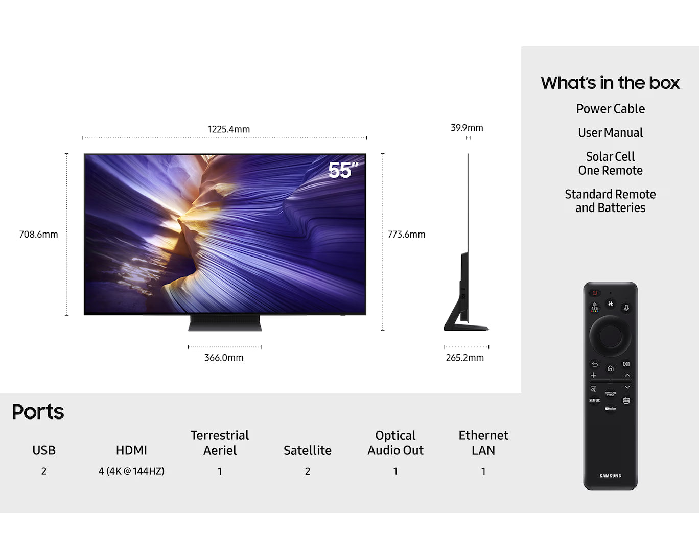 OLED smart TV side view with stand, ports diagram, and included remote