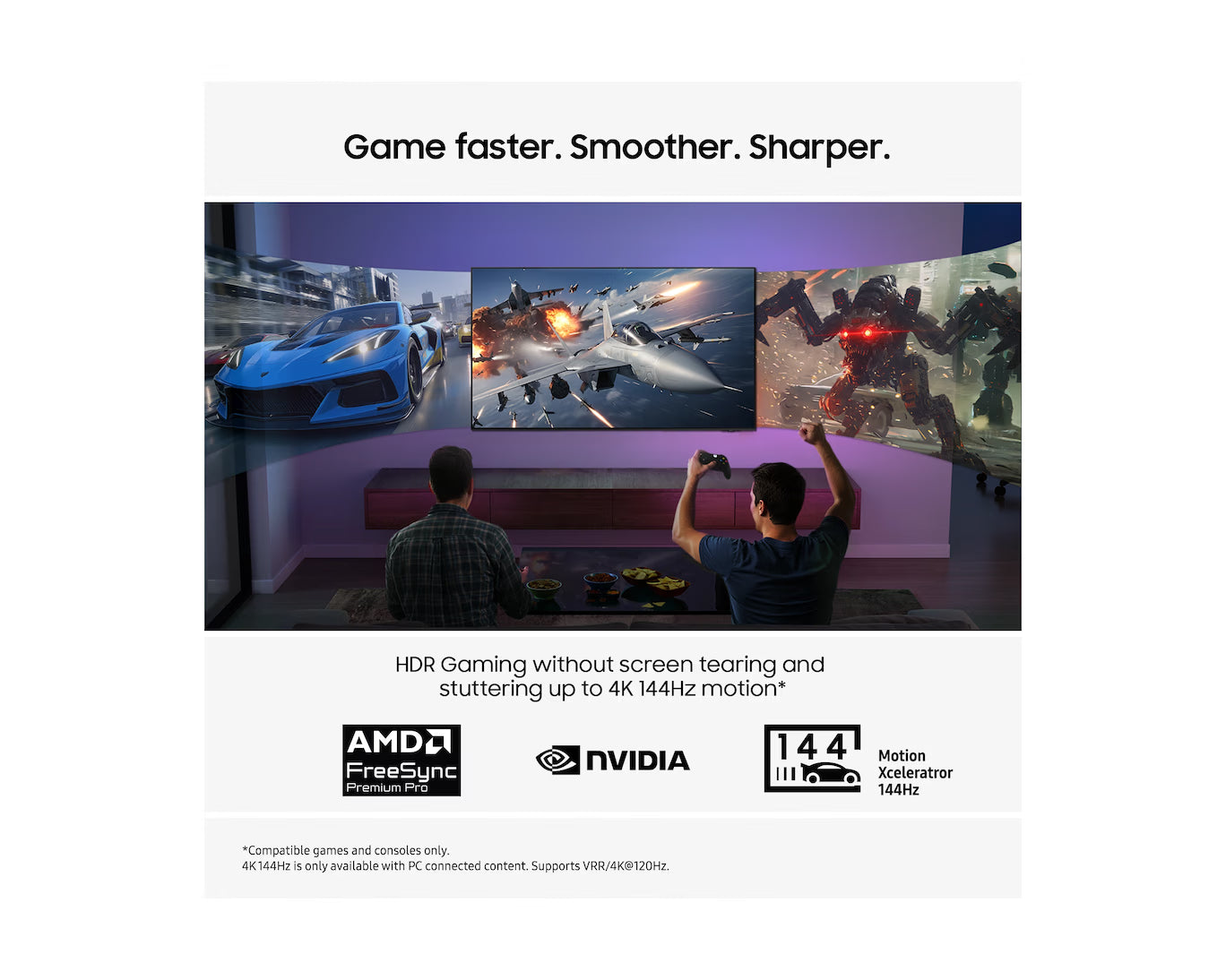 OLED smart TV displaying gaming scenes with HDR and 144Hz motion