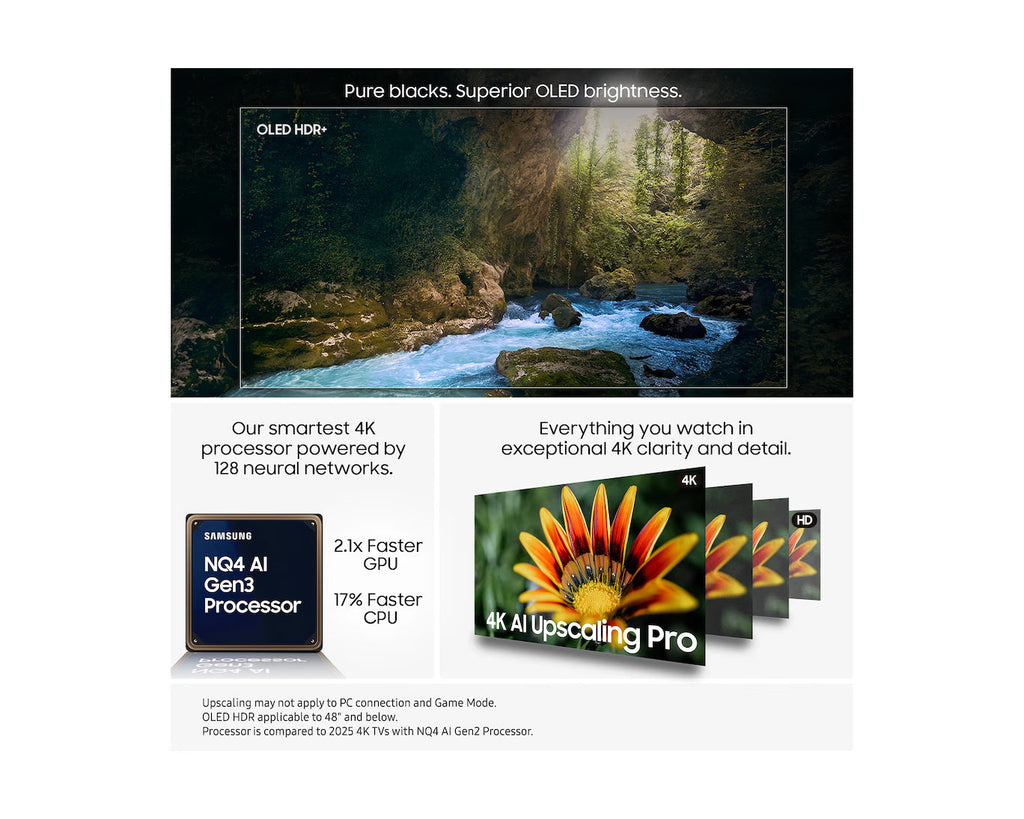 OLED smart TV with forest landscape screen and 4K AI Upscaling Pro graphics