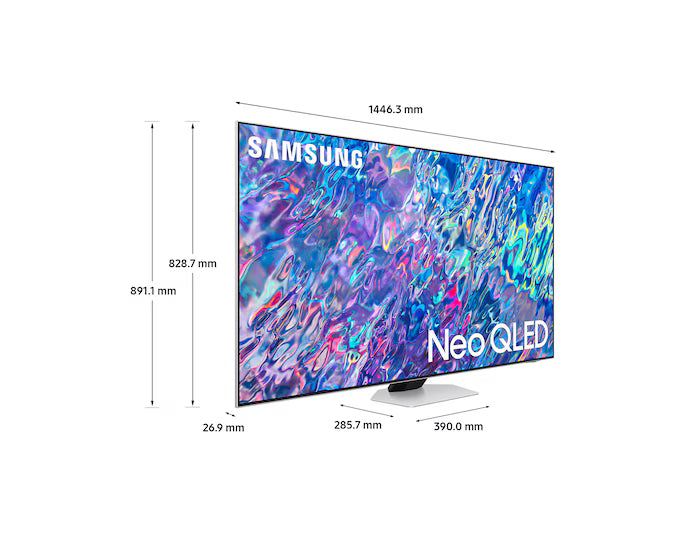 65-inch Samsung 4K smart TV angled view with Neo QLED display and slim stand