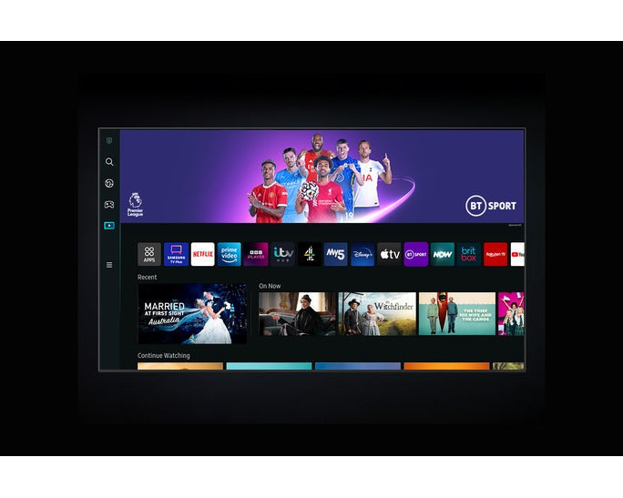 Samsung 4K smart TV home screen with sports and app tiles