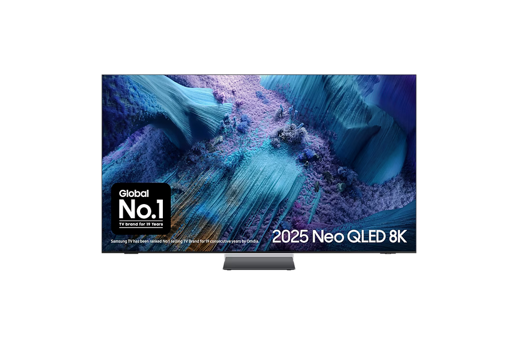 75-inch flat-screen smart TV with mini LED display on slim stand, front view
