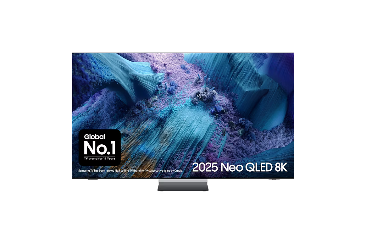75-inch flat-screen smart TV with mini LED display on slim stand, front view