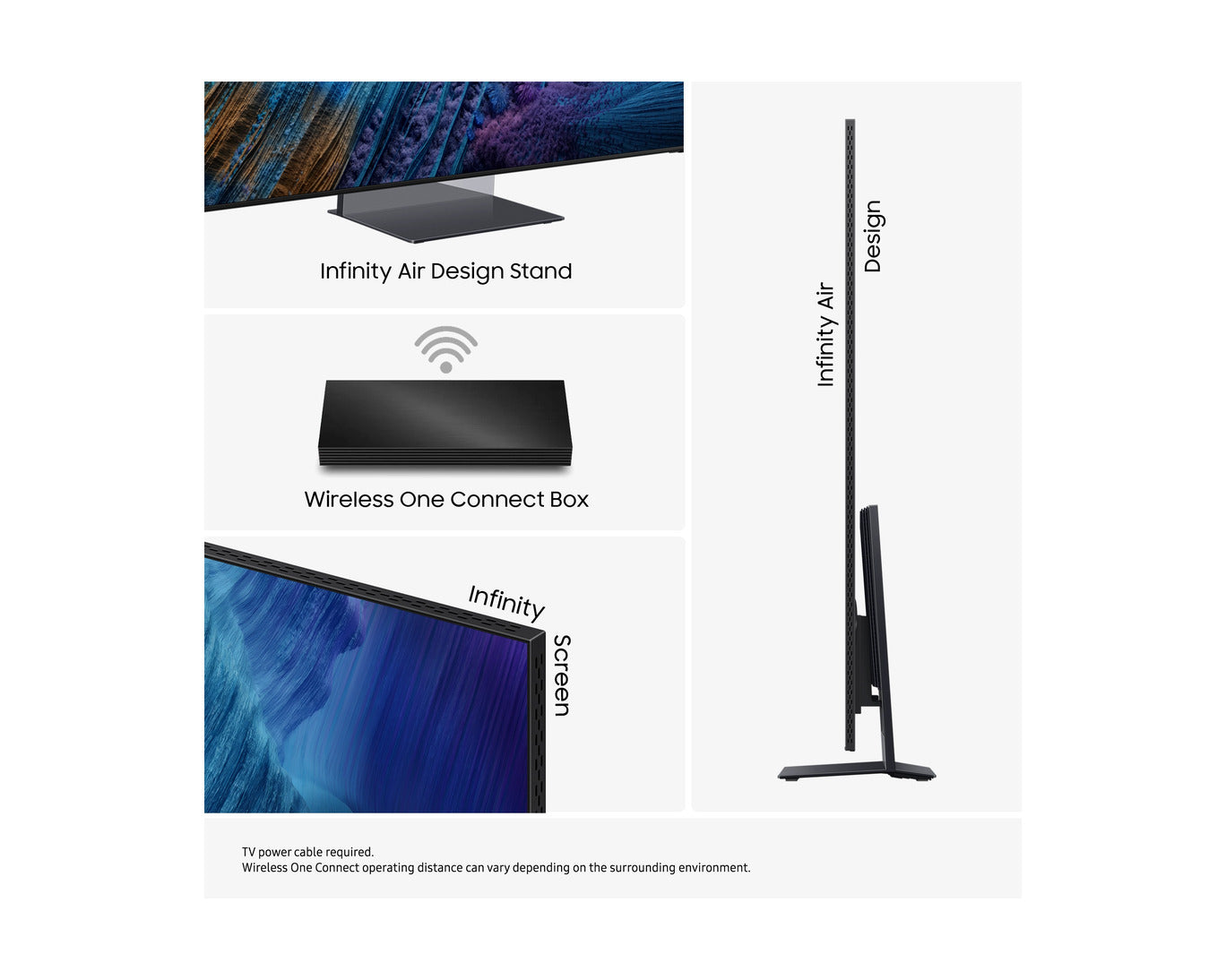 Slim flat-screen TV with Infinity Air stand and One Connect box, angled profile