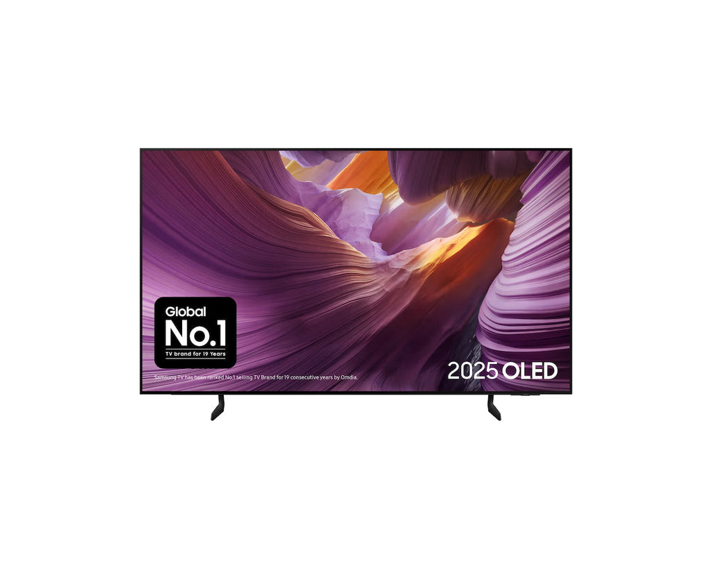 77-inch 4K OLED Smart TV front with purple display and pedestal stand
