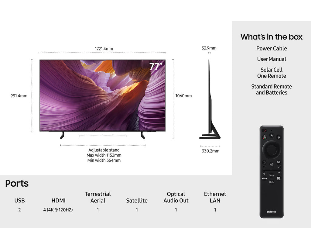 77-inch OLED Smart TV with stand and included remote control shown
