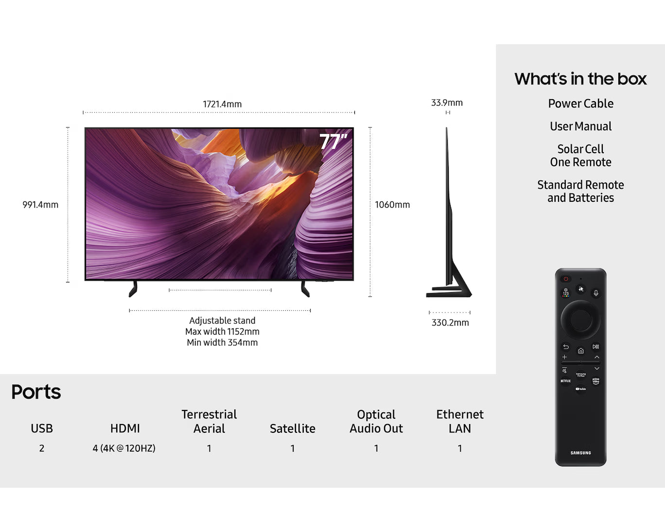 77-inch OLED Smart TV with stand and included remote control shown
