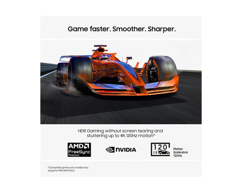 4K OLED Smart TV screen featuring racing game action and motion graphic
