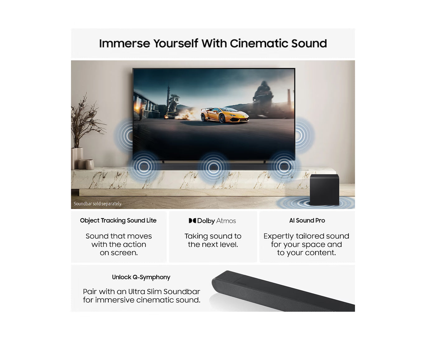 4K OLED Smart TV with cinematic sound graphics and connected soundbar