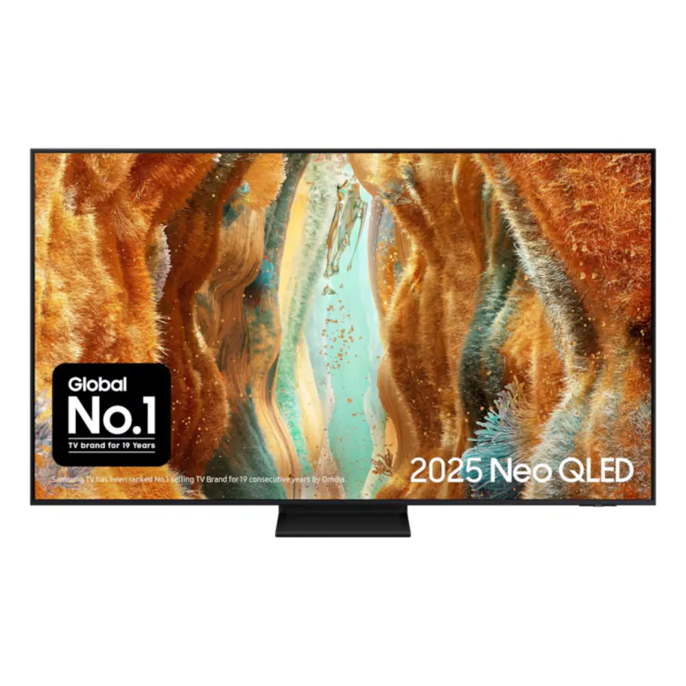 55-inch Samsung QLED 4K TV with dark bezel and stand, showing colorful landscape on screen